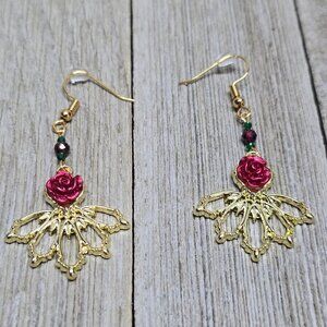 Handcrafted 18k gold plated emerald and garnet ornate dangle rose earrings